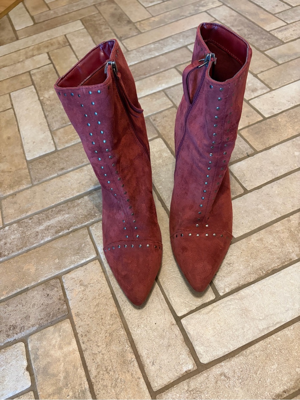 Universal Thread Burgundy Suede Pointed-Toe Ankle Boots with Studs